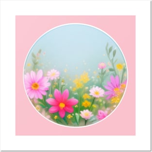 Circular Field of Yellow and Pink Flowers in Springtime Posters and Art